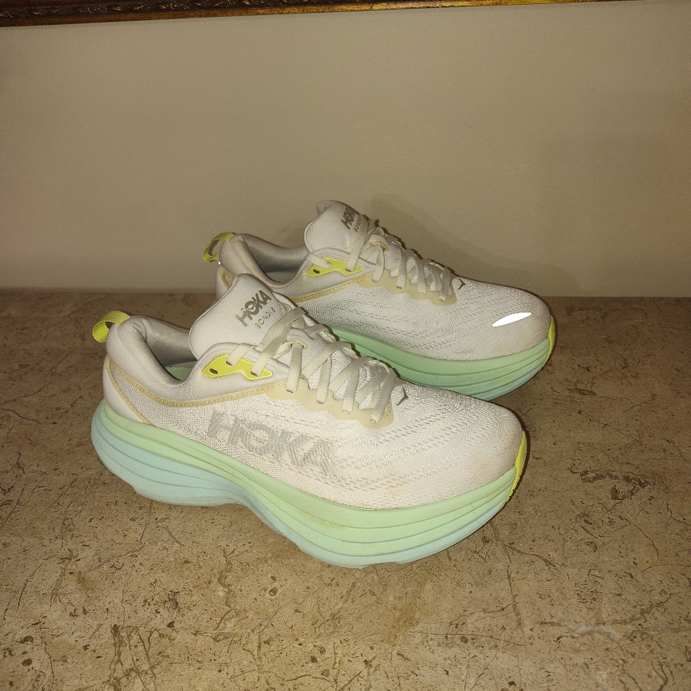 HOKA Bondi 8 Women's Athletic Shoes - White and Mint 9.5D